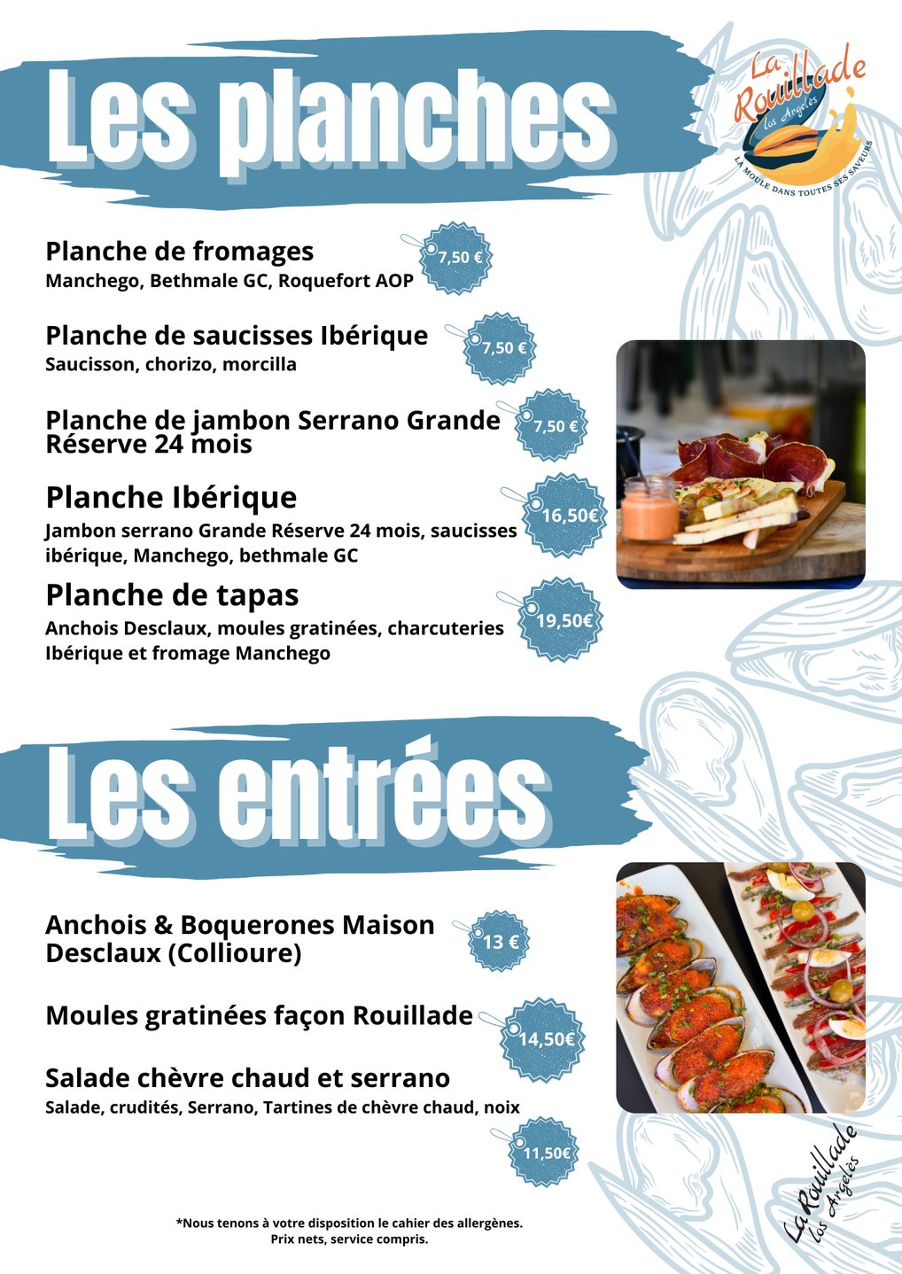 Menu du restaurant La Rouillade : planches à partager, entrées maison, produits locaux et spécialité