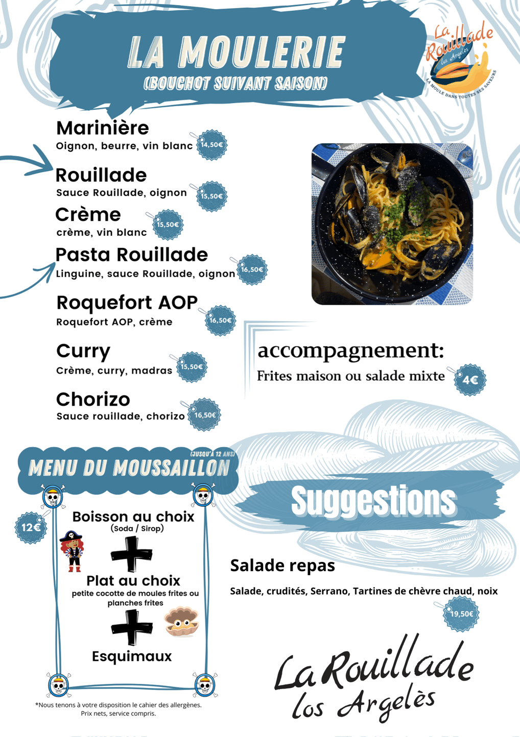 Page moulerie du menu : moules cuisinées maison, sauce Rouillade emblématique, accompagnements.