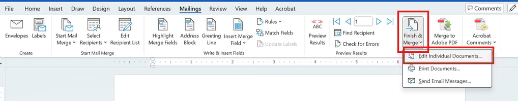 screenshot of Mailings ribbon with the Edit Individual Documents button selected