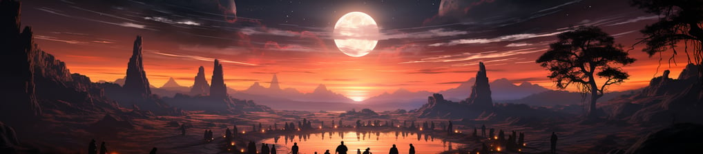 a painting of a landscape with a full moon and a magical ritual taking place