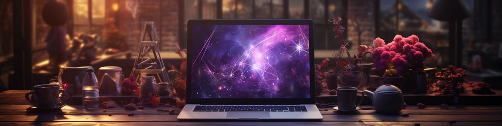 a laptop computer sitting on a table with a purple galaxy in the background