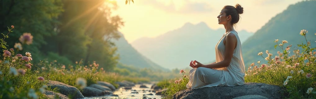 a woman sitting on a rock in a river