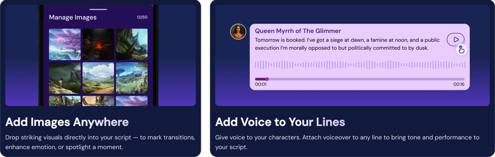 Scripscape Features: Add Images Anywhere and Add Voiceover (VO) to Your Dialogue Lines