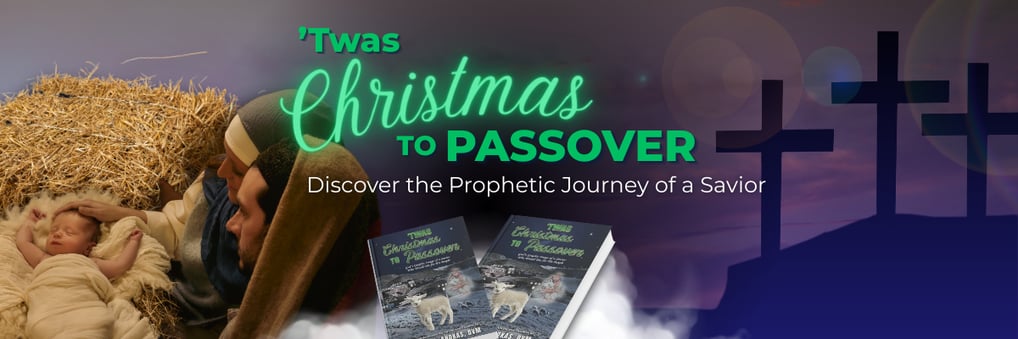 Manger scene with baby Jesus and two books titled 'Twas Christmas to Passover,' with three crosses in the background.