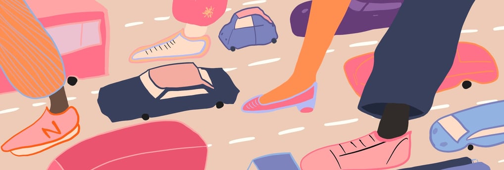  Könül Kina Bayramova flat illustration a person standing on a street with many different cars