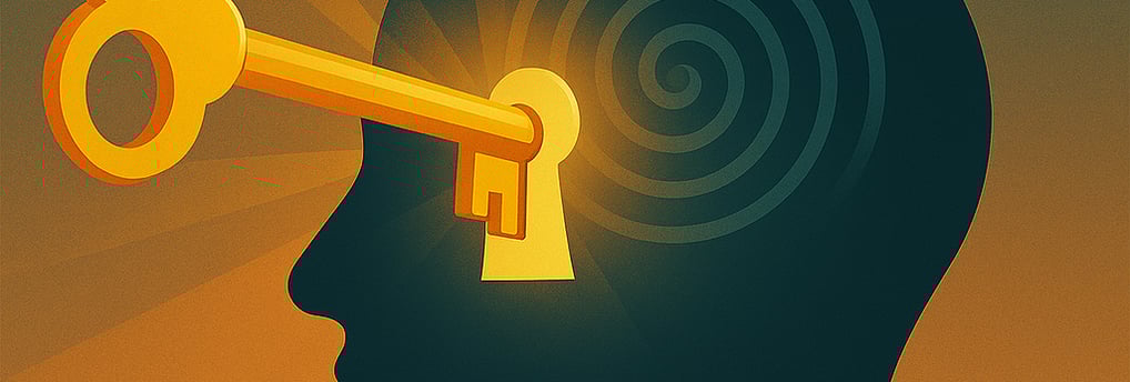 Key unlocking human mind, symbolizing hypnotherapy and subconscious transformation
