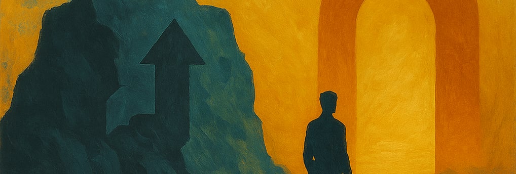 Silhouette facing wall with upward arrow, symbolizing mindset shift and breakthrough