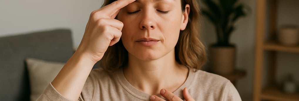 Woman doing EFT tapping for stress relief at home.