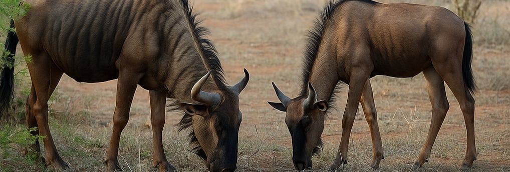 Two wildebeest grazing in the wild
