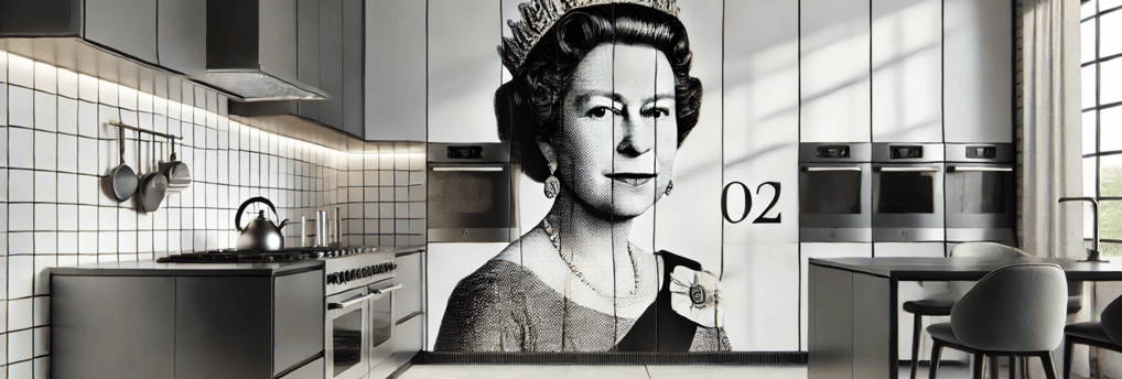 a kitchen with a large picture of a queen elizabeth ii portrait of queen elizabeth ii