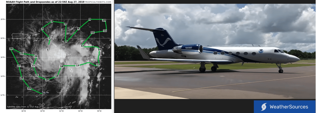 NOAA49 path around a storm in 2019 and photo of the Aircraft