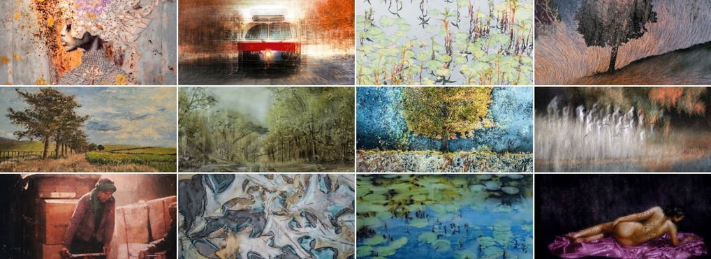 A collage of twelve fine art images for an upcoming exhibition, including abstract portraits
