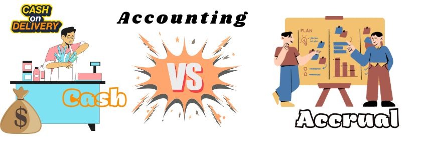 Comparison between cash accounting and accrual accounting methods, visually represented with icons.