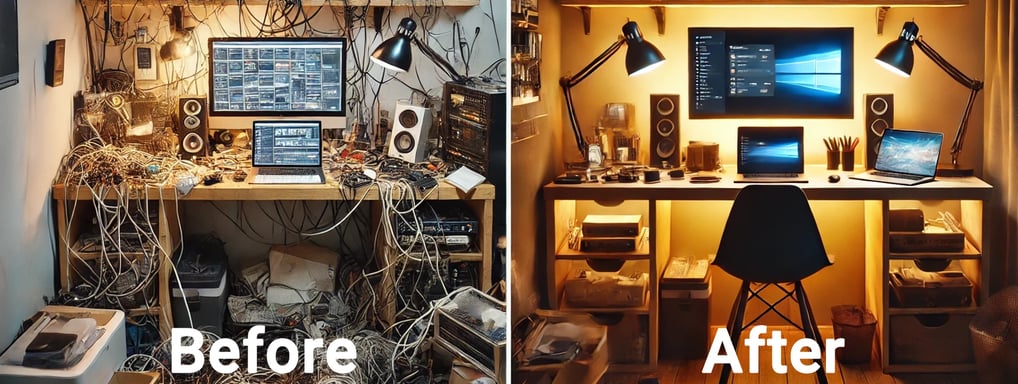 Before and after cable management at computer desk. PC cleanup and tidy tech help in Cedar Rapids.