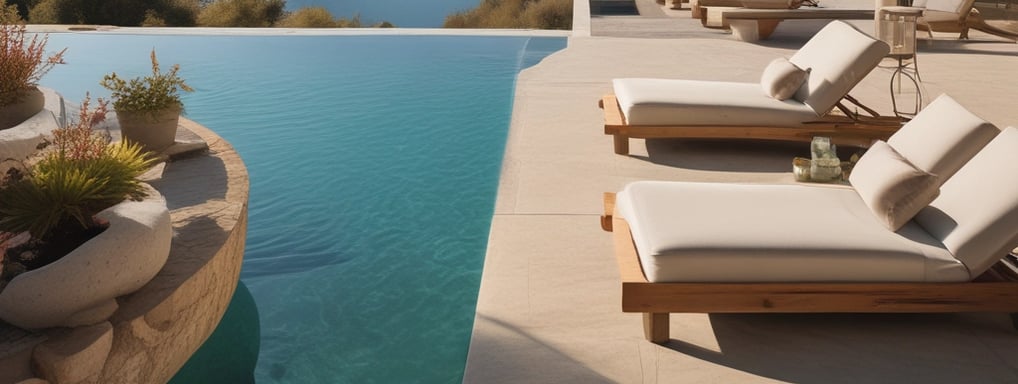 A luxurious outdoor pool area overlooks a calm body of water. Sun loungers with red umbrellas are arranged on a wooden deck, and several palm trees are planted in square planters. A modern architectural building curves gracefully in the background, and the scene is bright and tranquil.