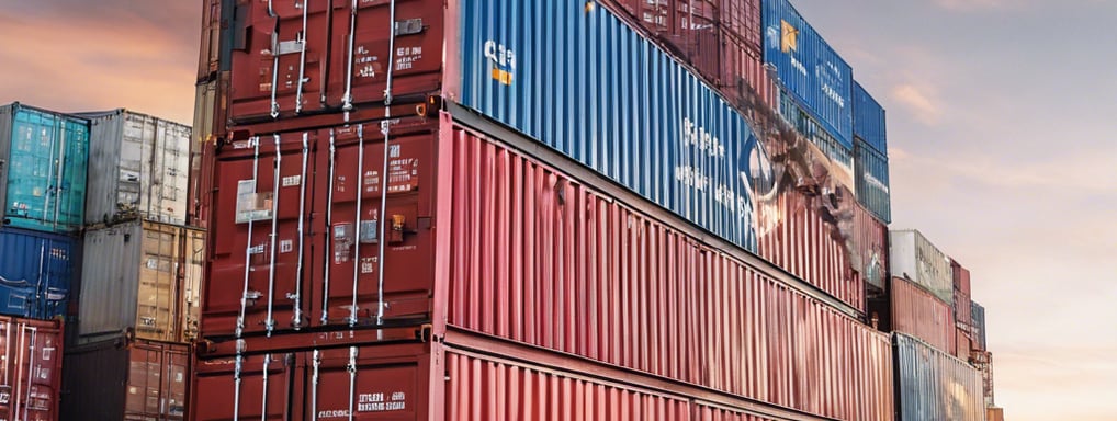 man in blue long sleeve shirt standing in front of red and blue intermodal containers