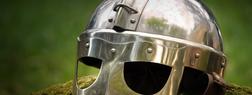 a metal helmet made in the style of those worn by Vikings