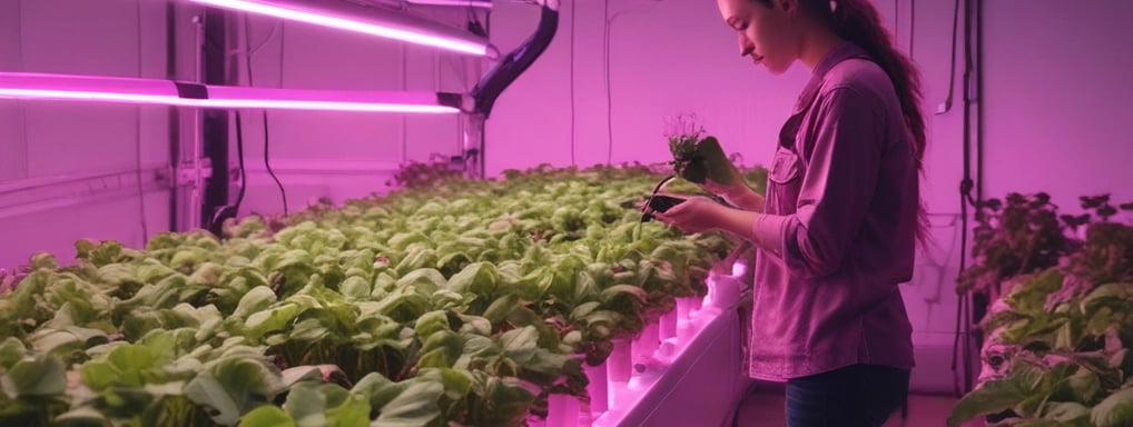 pink LED lights in a hydroponic setup. The environment appears to be inside a controlled indoor farming facility with shelves of plants and a ventilation system.