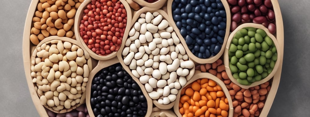 A variety of grains and legumes displayed in large sacks at a market, each labeled with a price tag. The sacks contain different types of beans, lentils, and seeds in various colors such as green, orange, white, and beige. The prices are written on cards placed on top of each sack. Nearby, there are bottles of detergent and paper towel rolls.