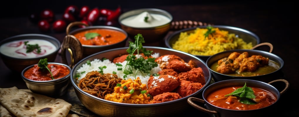 a spread of Indian cuisine which is served in many Indian restaurants in Mauritius