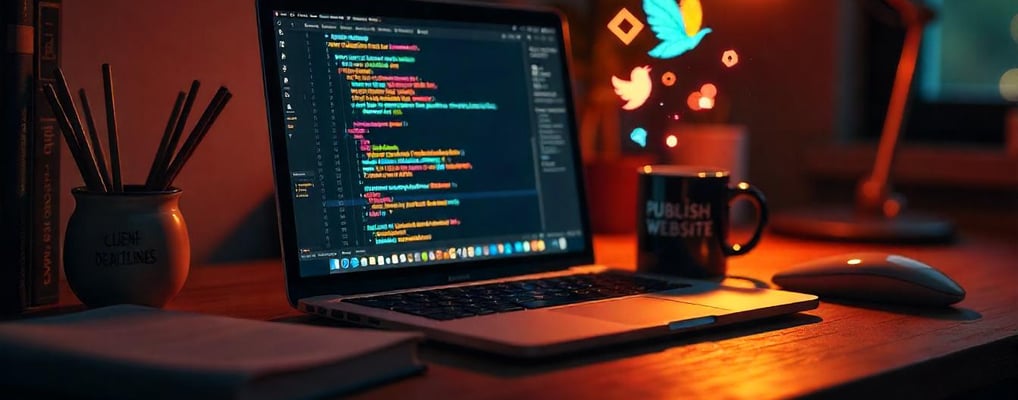 A laptop with codes and a mug text written publish website