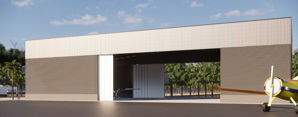 Hangar para aeronaves agrícolas com pátio de descontaminação de pulverizadores