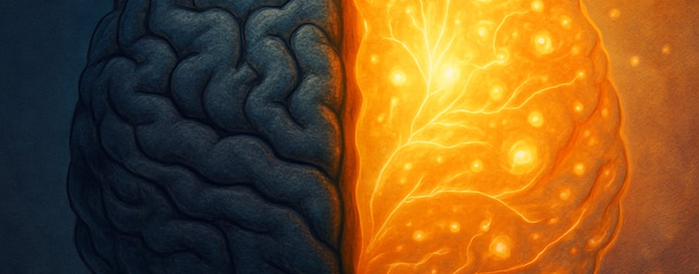 Human brain showing left-right contrast of damage and healing through mindfulness