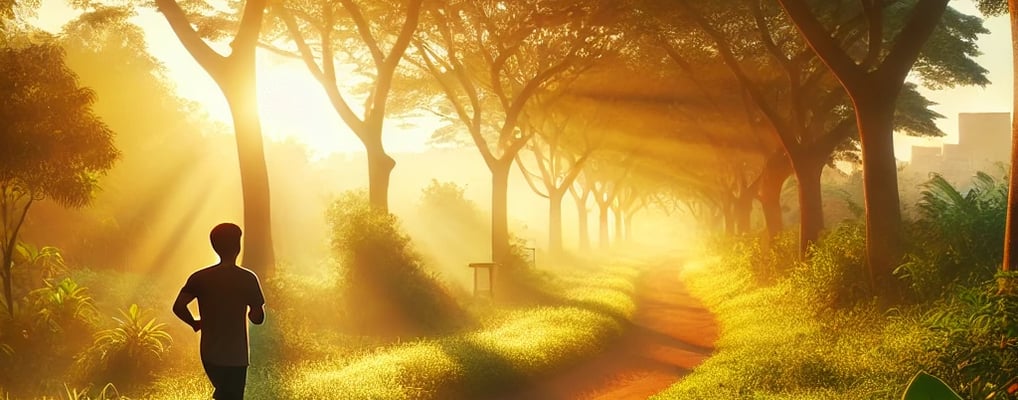 Sunrise jogging scene: "A peaceful sunrise with a person jogging, starting the day right."