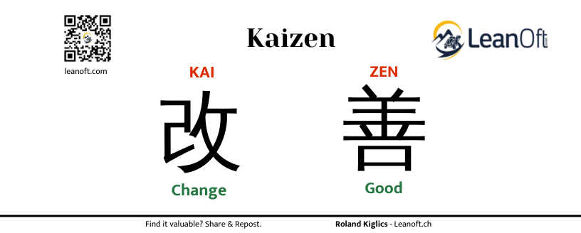 Kaizen written in Japanese kanji and english translation to change - good