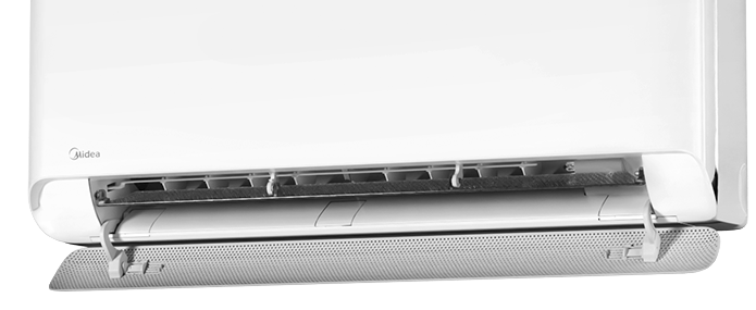 midea breezeless E baltas vidaus blokas MSCB1BU-12HRFN8-QRD1GW su atidarytomis grotelemis