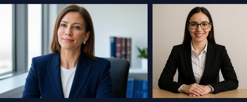 Two professionals dressed appropriately for a virtual interview, sitting at a table
