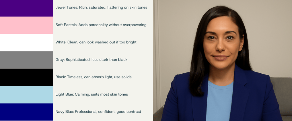 Color palette showing recommended colors for virtual interviews alongside woman wearing the colors.