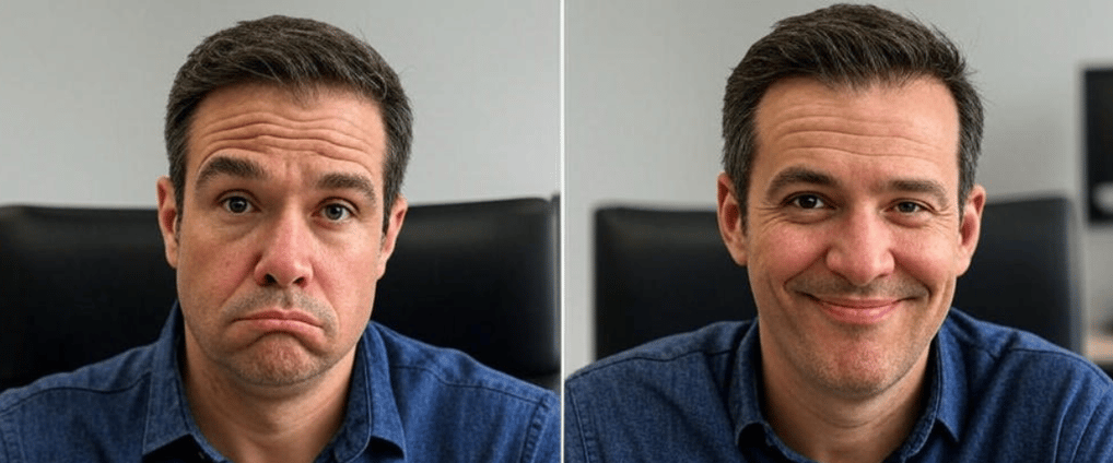 sad/happy comparison of candidate facial expression, before a mock interview and after