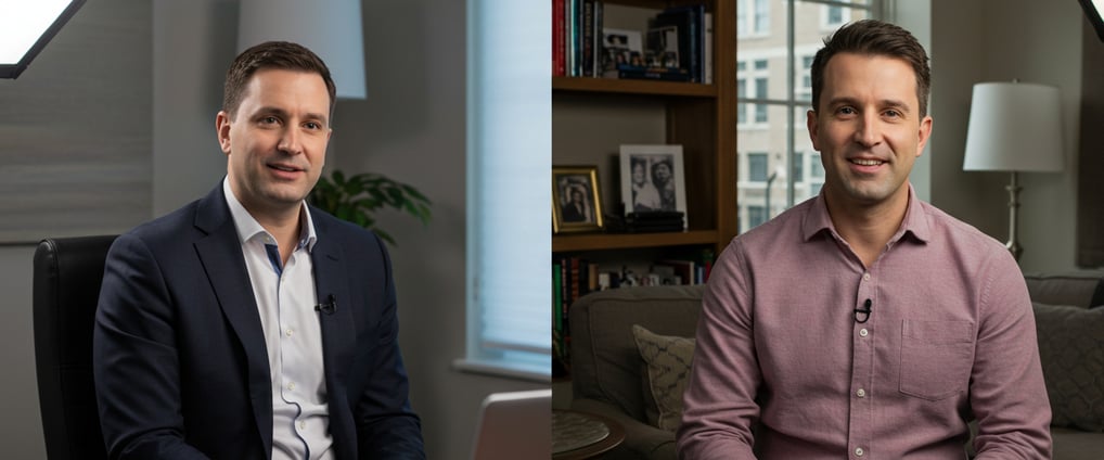 Split-screen showing proper lighting, camera angle, and professional background for video interview.