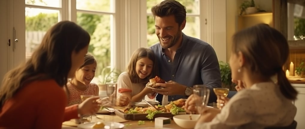 Family sharing supper in a UK home letting