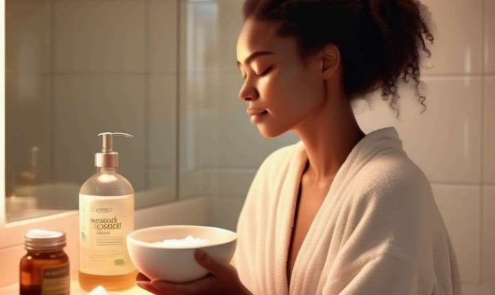 a woman in a bathrobear with a bowl of soap and a bowl