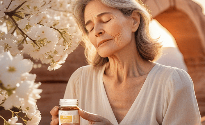 a woman with a bottle of vitamins in her hands
