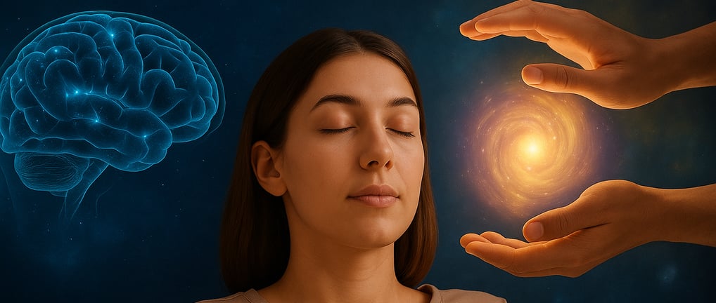 Woman with closed eyes, brain and energy symbolizing hypnotherapy