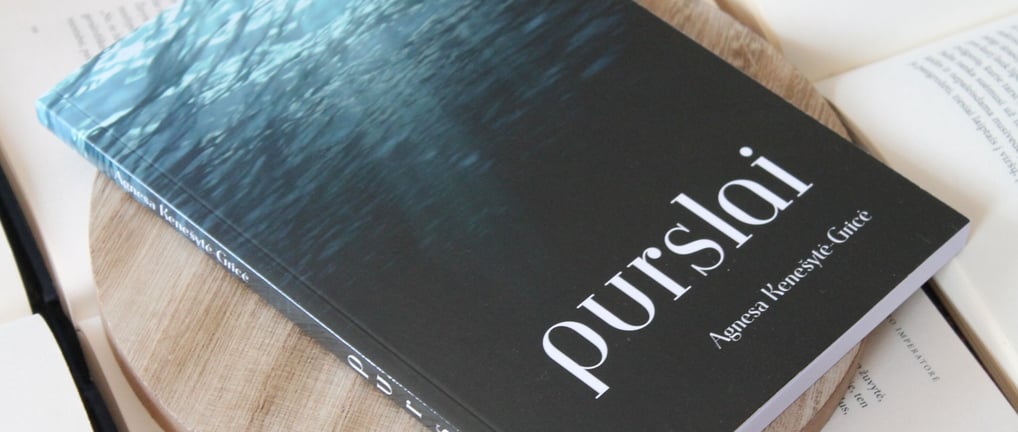 knyga purslai a book with a bookmark on it and a book on top of a wooden