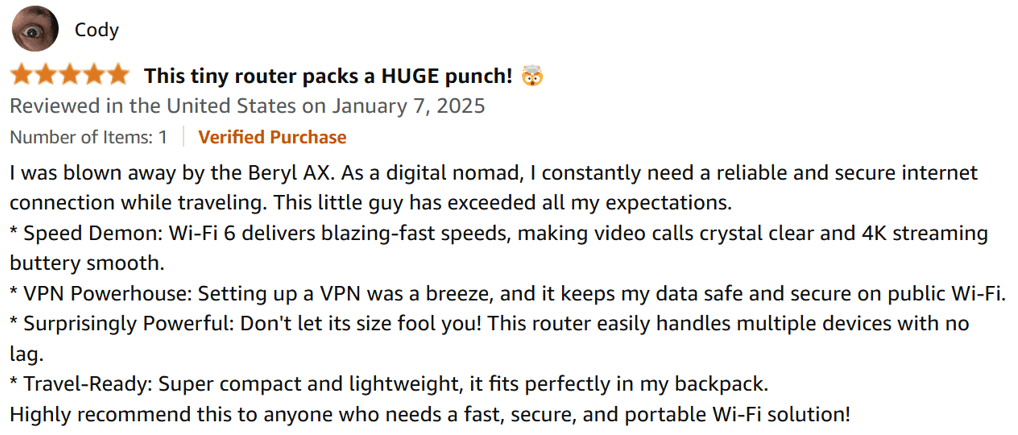positive 5 star review of GL.iNet GL-MT3000 (Beryl AX) Portable Travel Router about speed, compact 