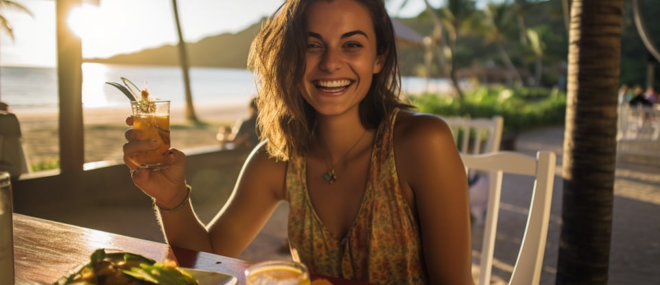 a smiling woman enjoying her Indian food and drink on the shores of Mauritius at sunset