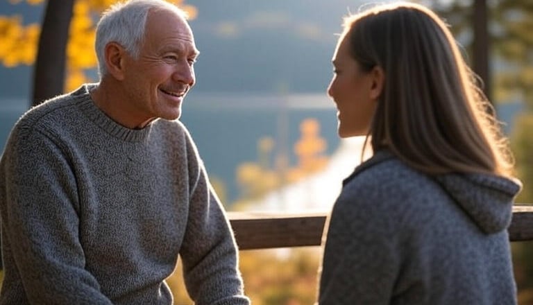 a man and woman sitting on a bench in the fall