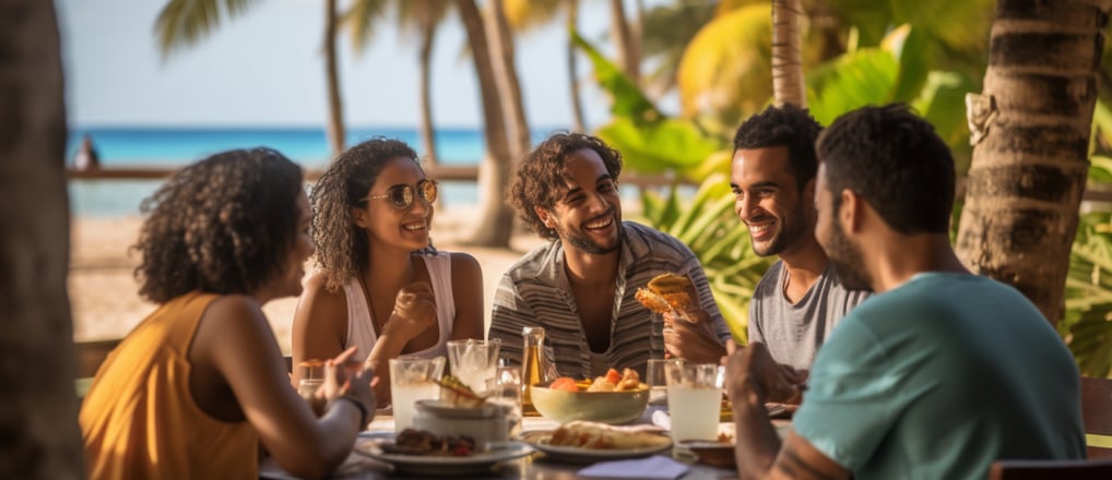 visitors enjoying their Indian-Mauritian food in an outdoor, beachside restaurant