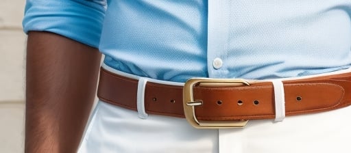 tan belt, white pants, navy shirt