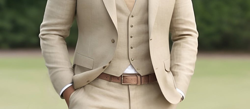 light brown belt with a khaki-colored suit and white shirt