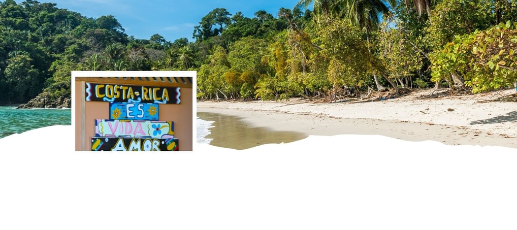 Montagem com praia na Costa Rica ao fundo e placa artesanal com a frase “Costa Rica é amor”.