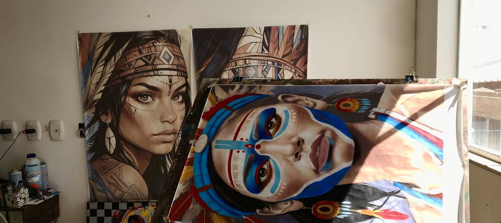 Visão do estúdio de Amanda com várias obras em andamento, ilustrando seu processo criativo.
