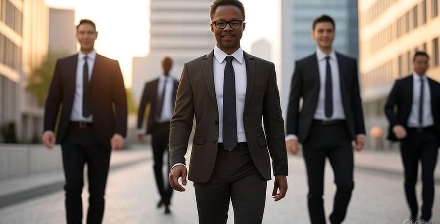 a man in a suit and tie walking down a street