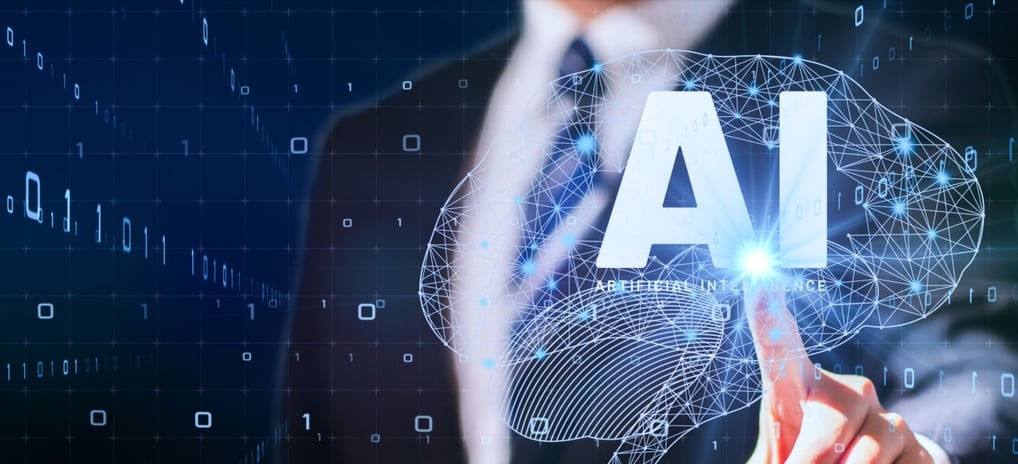 a man in a suit and tie is pointing at a brain map of ai-ai integrated digital marketing