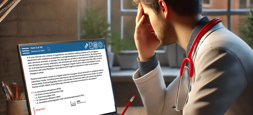 A medical student/resident appears distressed after getting a QBank multiple choice question wrong.